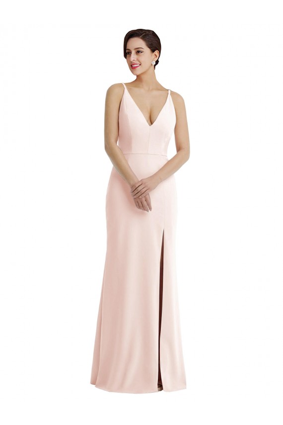 Cheap Skinny Strap Deep V-Neck Trumpet Formal Crepe Bridesmaid Dress / Prom Dress with Front Slit Canada