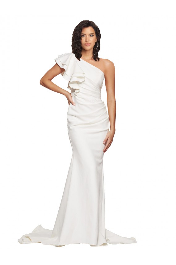 Cheap Ruched Long Sweep Train Crepe Bridesmaid Dress / Prom Dress with Shoulder Ruffles Canada