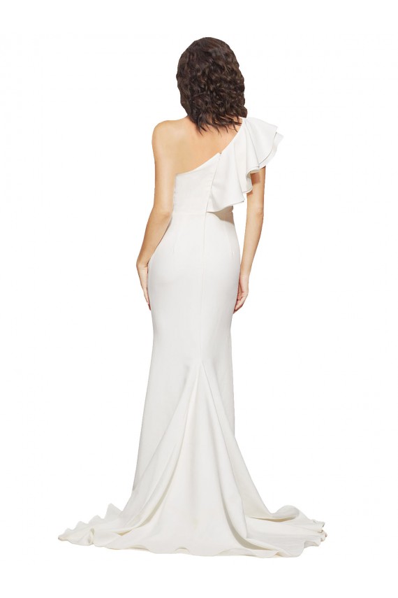 Cheap Ruched Long Sweep Train Crepe Bridesmaid Dress / Prom Dress with Shoulder Ruffles Canada