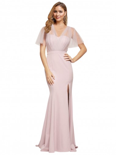 Cheap Crepe Long Sweetheart Neckline Formal Bridesmaid Dress / Prom Dress with Tulle Overlay Shoulders Canada