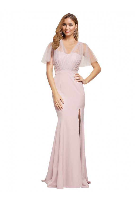 Cheap Crepe Long Sweetheart Neckline Formal Bridesmaid Dress / Prom Dress with Tulle Overlay Shoulders Canada