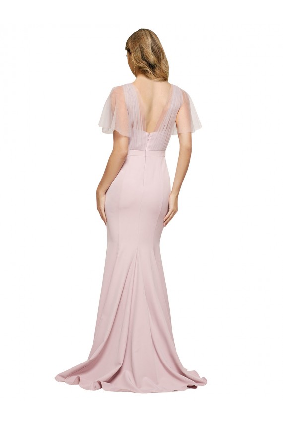 Cheap Crepe Long Sweetheart Neckline Formal Bridesmaid Dress / Prom Dress with Tulle Overlay Shoulders Canada