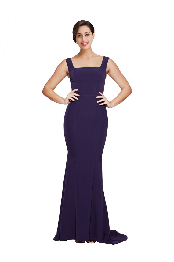 Cheap Square Neck Long Sweep Train Crepe Bridesmaid Dress / Prom Dress with Thick Straps Canada