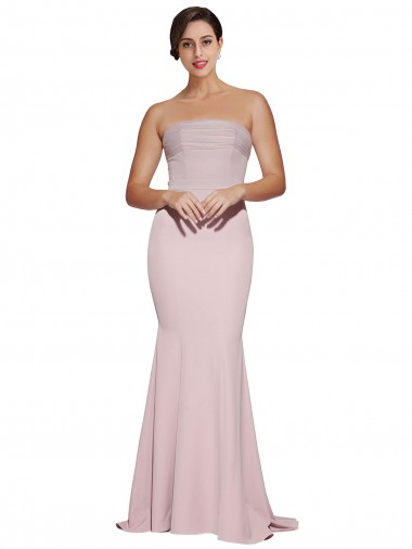 Cheap Straight Neck Long Strapless Formal Crepe Bridesmaid Dress / Prom Dress with Soft Tulle Overlay and Small Train Canada