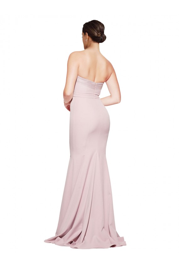 Cheap Straight Neck Long Strapless Formal Crepe Bridesmaid Dress / Prom Dress with Soft Tulle Overlay and Small Train Canada