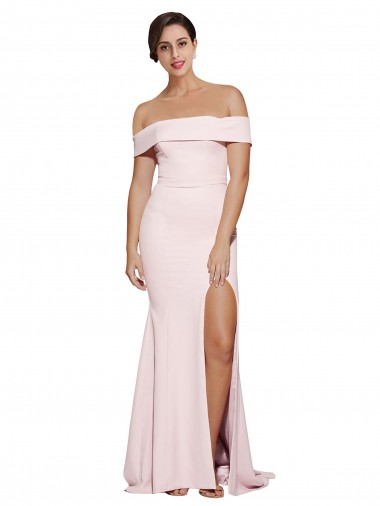 Cheap Off Shoulder Long Formal Crepe Bridesmaid Dress / Prom Dress with Straight Neckline and Side Split Canada