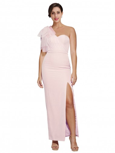 Cheap One Shoulder Tulle Overlay Sweetheart Neckline Long Formal Crepe Bridesmaid Drss with Thigh Split Canada