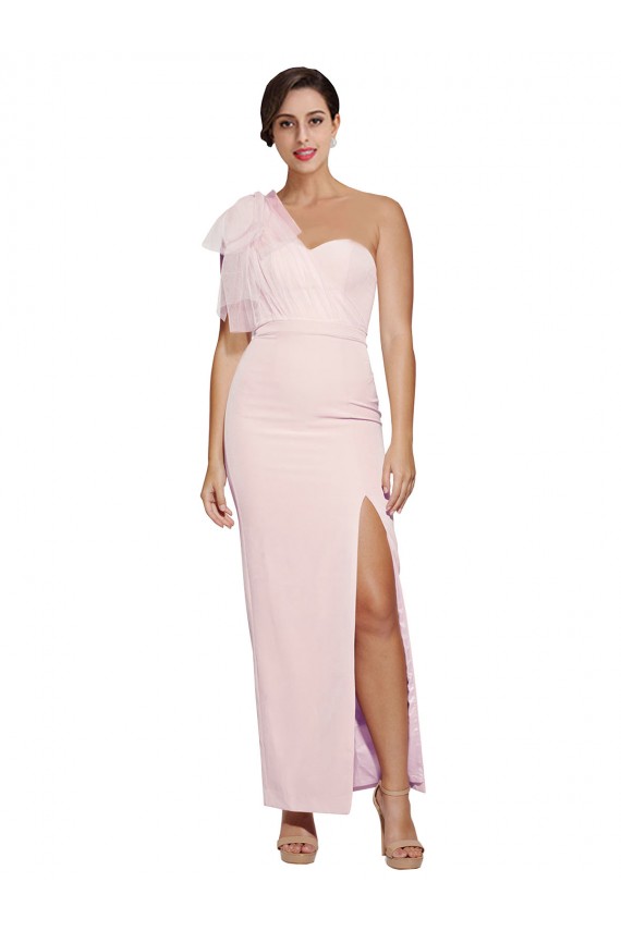 Cheap One Shoulder Tulle Overlay Sweetheart Neckline Long Formal Crepe Bridesmaid Drss with Thigh Split Canada