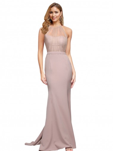 Cheap Long Sweetheart Formal Crepe Bridesmaid Dress / Prom Dress with High Neck Illusion Tulle Details Canada