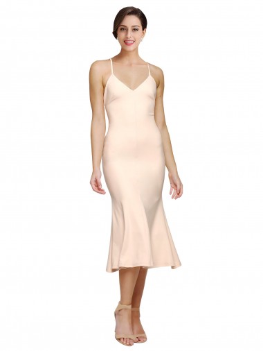Cheap Midi Cocktail Length V-Neckline Crepe Bridesmaid Dress / Prom Dress with Thin Straps and Fulted Skirt Canada