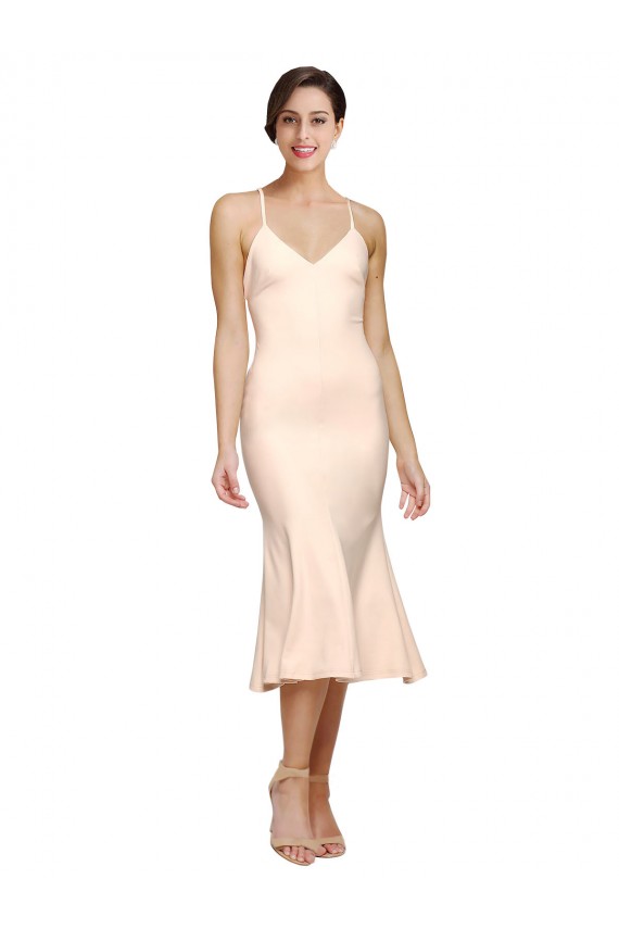 Cheap Midi Cocktail Length V-Neckline Crepe Bridesmaid Dress / Prom Dress with Thin Straps and Fulted Skirt Canada