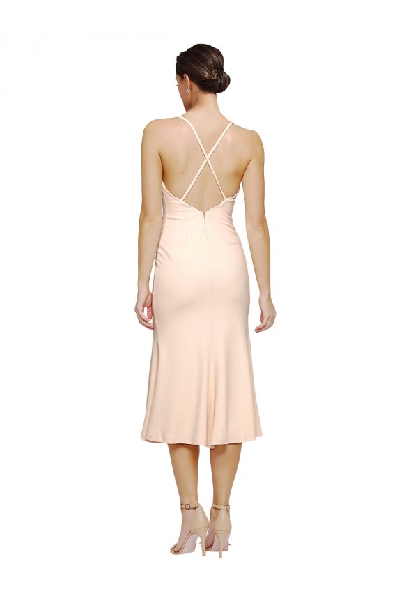Cheap Midi Cocktail Length V-Neckline Crepe Bridesmaid Dress / Prom Dress with Thin Straps and Fulted Skirt Canada