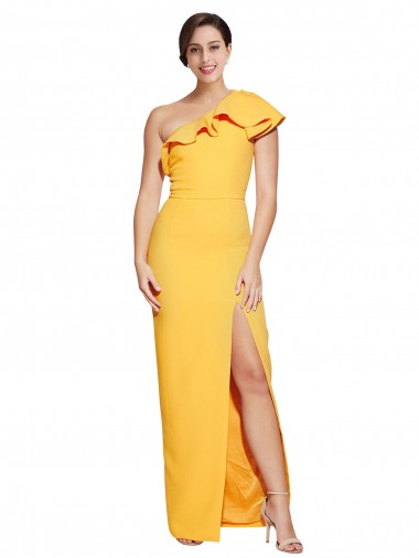 Cheap One Shoulder Floor Length Formal Crepe Bridesmaid Dress / Prom Dress with Thigh High Split Canada