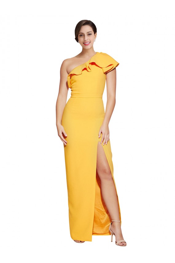 Cheap One Shoulder Floor Length Formal Crepe Bridesmaid Dress / Prom Dress with Thigh High Split Canada