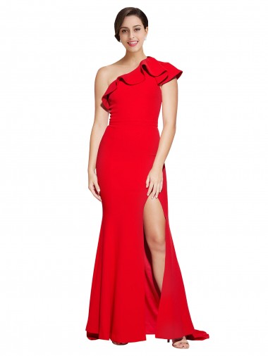 Cheap One Shoulder Long Sweep Train Crepe Bridesmaid Dress / Prom Dress with Thigh High Split Canada