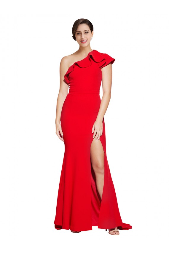 Cheap One Shoulder Long Sweep Train Crepe Bridesmaid Dress / Prom Dress with Thigh High Split Canada