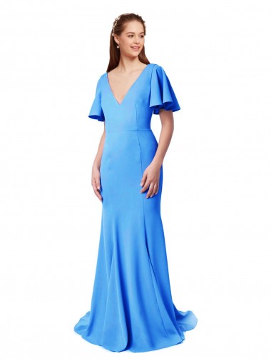 Cheap Short Sleeves Long V-Neck Crepe Bridesmaid Dress / Prom Dress with V-Back Canada