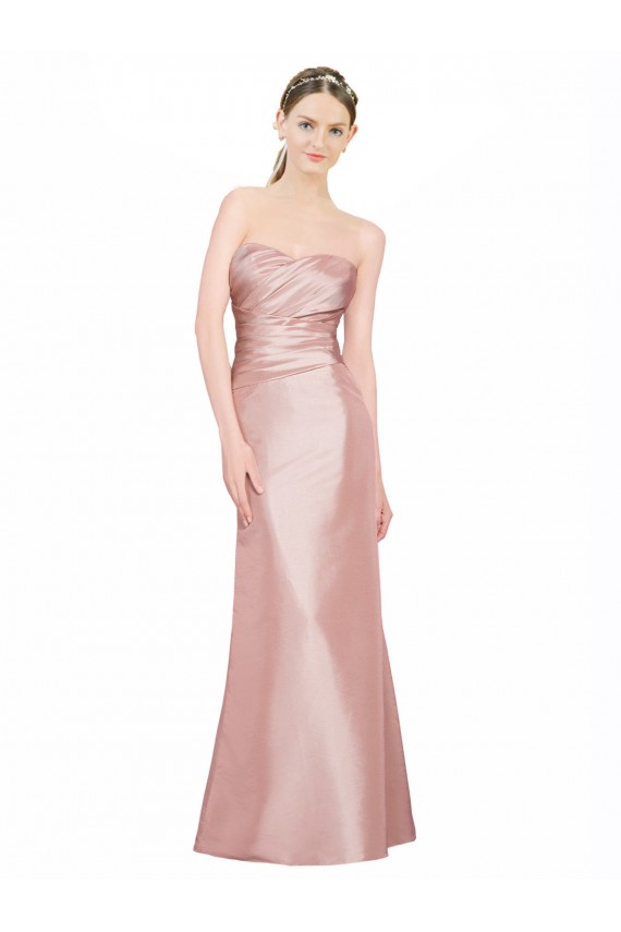 Cheap Long Strapless Formal Stretch Satin Bridesmaid Dress / Prom Dress with Pleats and Low Back Canada