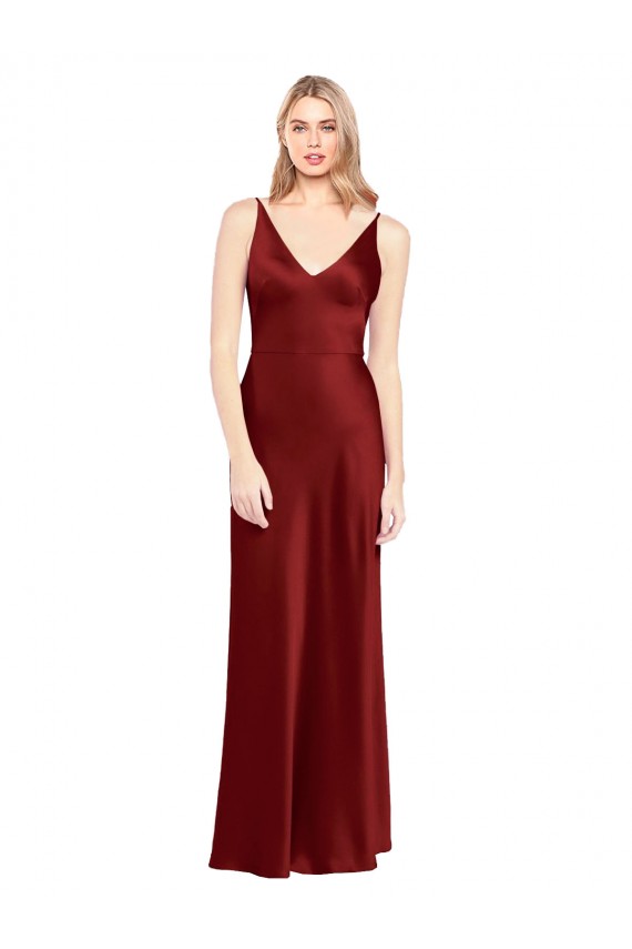 Cheap Full Length Long Formal Stretch Satin Slip Bridesmaid Dress / Prom Dress V-Back Canada