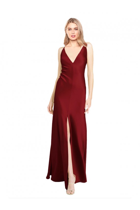 Cheap Floor Length Deep V-Back Formal Stretch Satin Bridesmaid Dress / Prom Dress with Front Slit Canada
