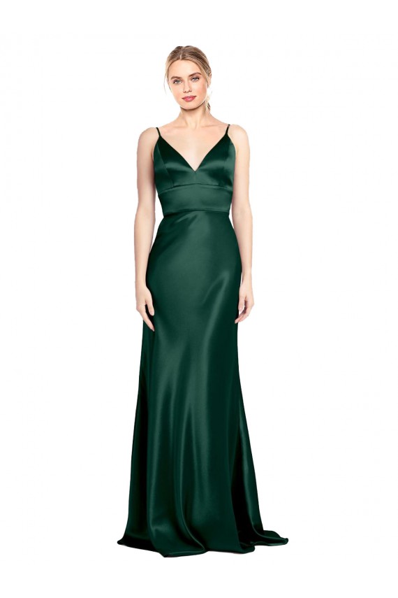 Cheap High V-Neck Long Full Length Sheath Formal Stretch Satin Bridesmaid Dress / Prom Dress Canada