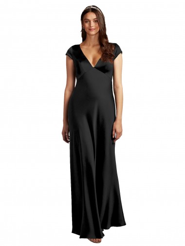 Cheap Plunging V-Neck Cap Cleeves Long Formal Stretch Satin Bridesmaid Dress / Prom Dress with Keyhole Back Canada