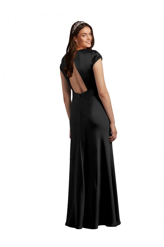 Cheap Plunging V-Neck Cap Cleeves Long Formal Stretch Satin Bridesmaid Dress / Prom Dress with Keyhole Back Canada