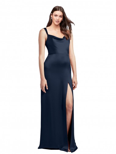 Cheap Cowl Neck Soft Long Formal Stretch Satin Bridesmaid Dress / Prom Dress with Side Slit and Pleated Straps Canada