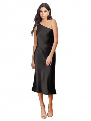 Cheap Sleek One Shoulder Midi Length Short Cocktail Formal Stretch Satin Slip Bridesmaid Dress / Prom Dress Canada