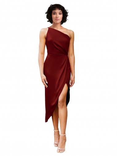 Cheap One Shoulder Cocktail Midi Length Short Formal Stretch Satin Wrap Style Bridesmaid Dress / Prom Dress Canada