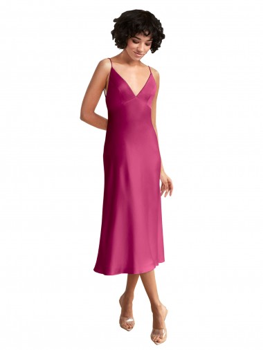 Cheap Midi Length V-Neck Short Formal Stretch Satin Bridesmaid Dress / Cocktail Prom Dress with Low Scoop Back Canada