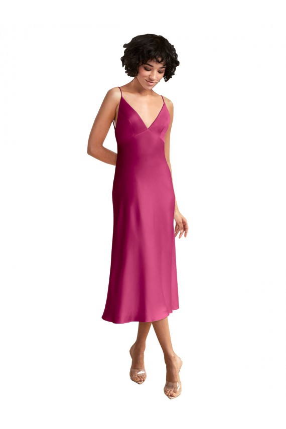 Cheap Midi Length V-Neck Short Formal Stretch Satin Bridesmaid Dress / Cocktail Prom Dress with Low Scoop Back Canada