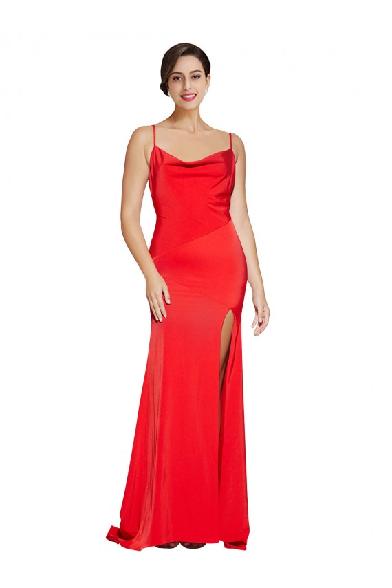 Cheap Low Back Cowl Neck Formal Stretch Satin Bridesmaid Dress / Prom Dress with High Side Slit Canada
