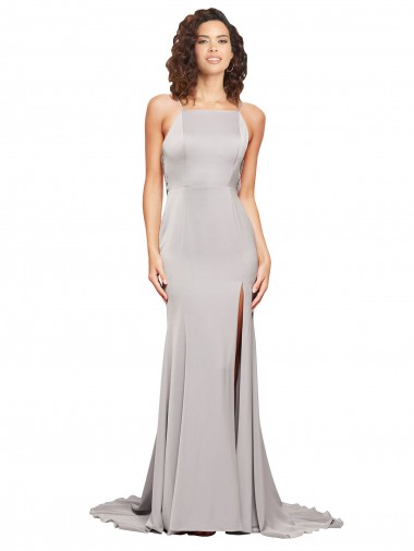 Cheap High Neck Low Back Long Full Length Formal Stretch Satin Bridesmaid Dress / Prom Dress Canada