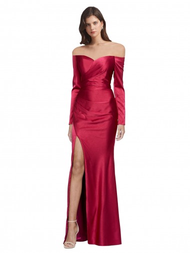 Cheap Long Sleeves Off the Shoulder Formal Stretch Satin Bridesmaid Dress / Prom Dress with High Side Split Canada