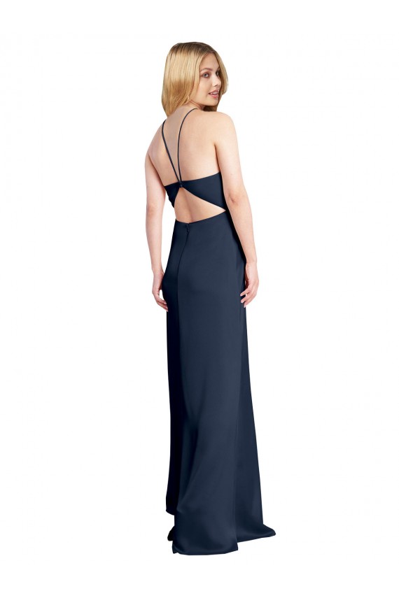 Cheap Halter Neckline Long Formal Stretch Satin Bridesmaid Dress / Prom Dress with Strappy Back and Side Slit Canada