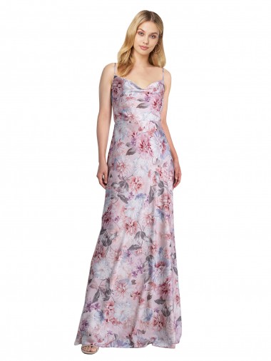 Cheap Draped Cowl Neck Long Printed Formal Stretch Satin Bridesmaid Dress Canada