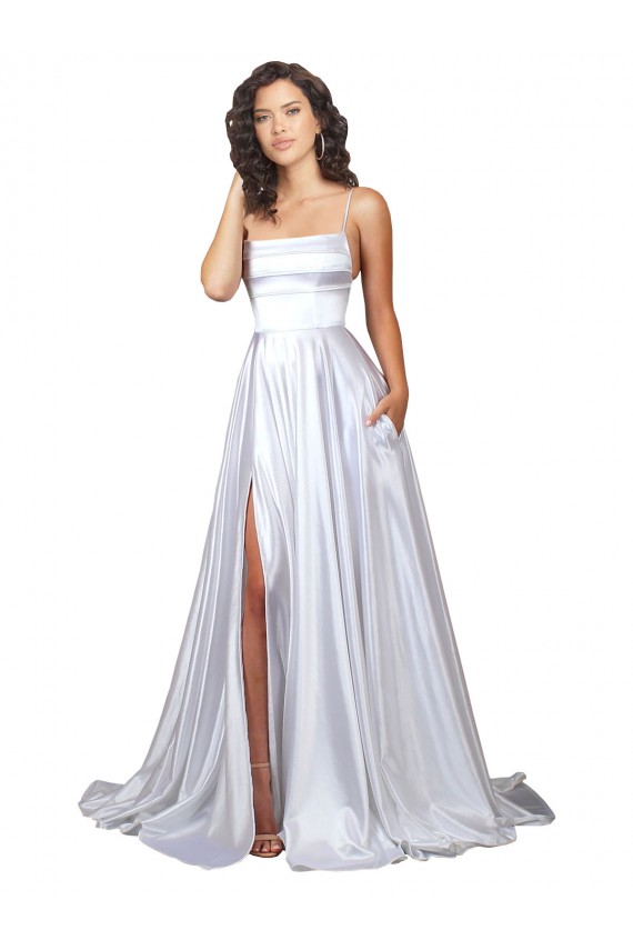 Cheap Simple A-Line Corset Style Pleated Long Stretch Satin Beach Wedding Dress with High Slit Canada