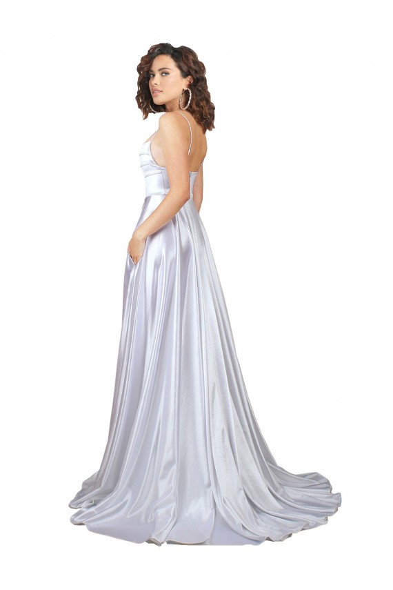 Cheap Simple A-Line Corset Style Pleated Long Stretch Satin Beach Wedding Dress with High Slit Canada