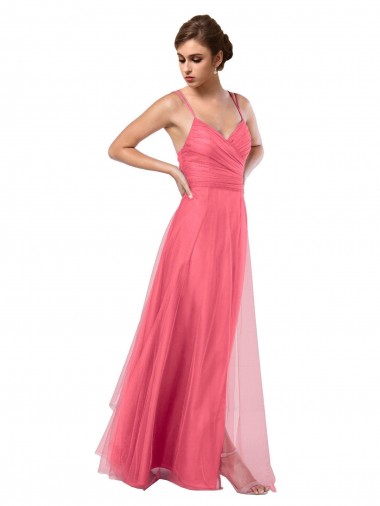 Cheap Flowy A-Line Tulle Bridesmaid Dress with Double Straps and V-Neck Canada