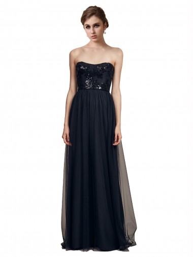 Cheap Strapless Sequined Lace Long Bridesmaid Dress with Pleats Canada