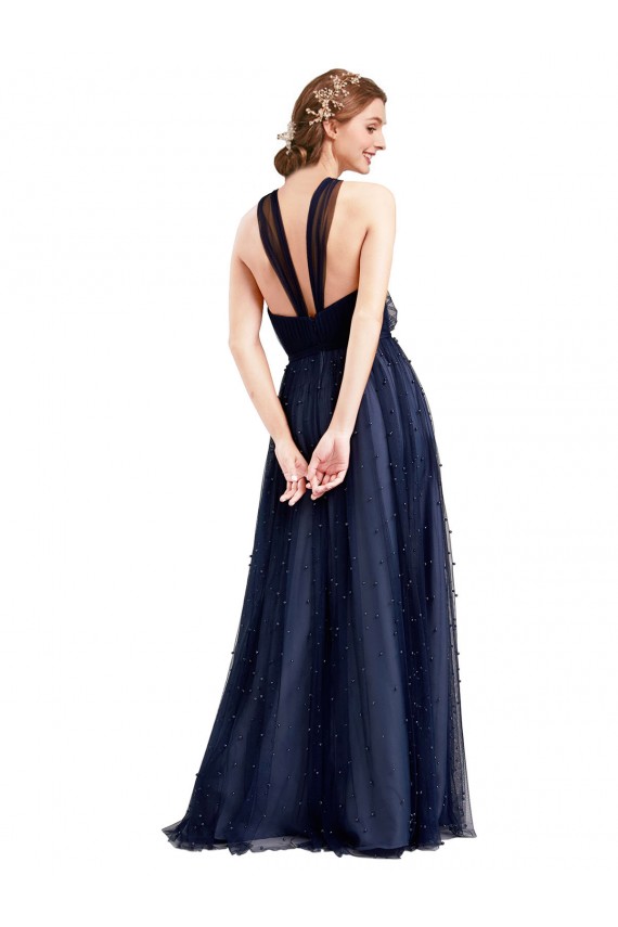 Cheap Floor Length Long Halter Pleated Tulle Bridesmaid Dress Canada
