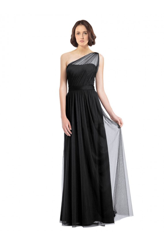 Cheap Ruched Long Soft Tulle Bridesmaid Dress with Sheer Netting Shoulder Strap Canada