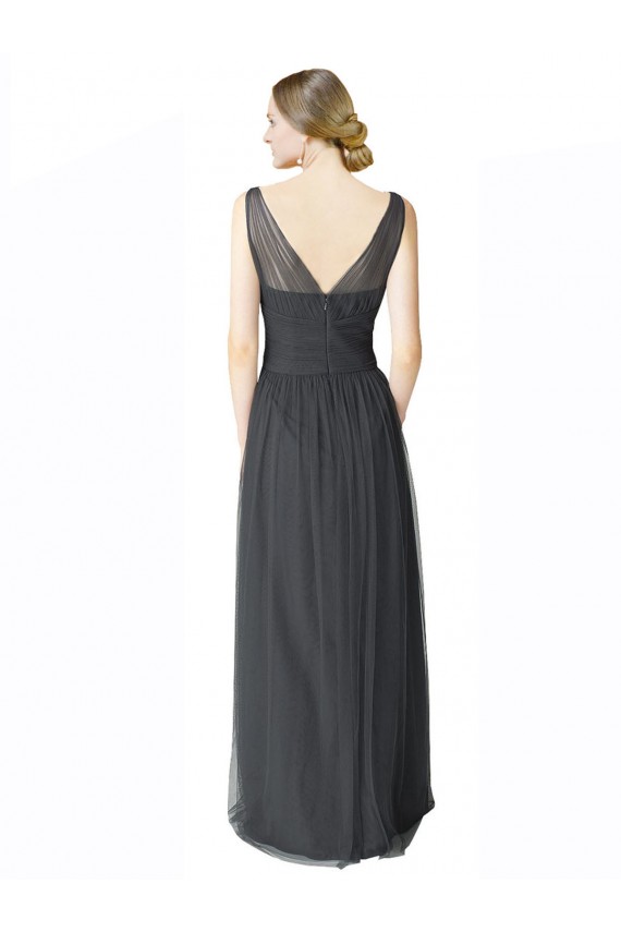 Cheap Long Tulle Bridesmaid Dress with Illusion Shoulder Straps and V-Back Canada