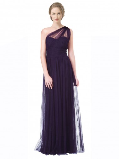 Cheap One Shoulder Long Tulle Bridesmaid Gown with Sheer Netting Strap Canada