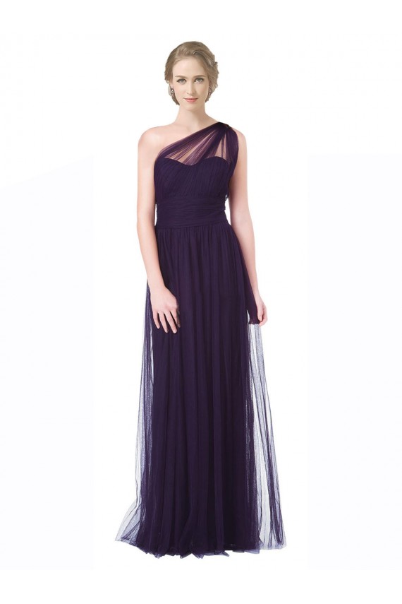 Cheap One Shoulder Long Tulle Bridesmaid Gown with Sheer Netting Strap Canada