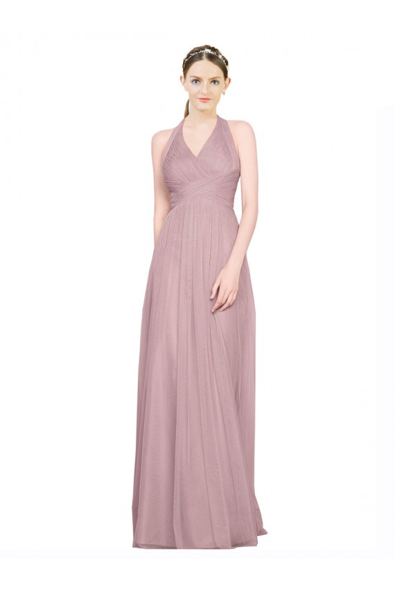 Cheap Ruffled Halter V-Neck Long Tulle Bridesmaid Dress with Pleats Canada