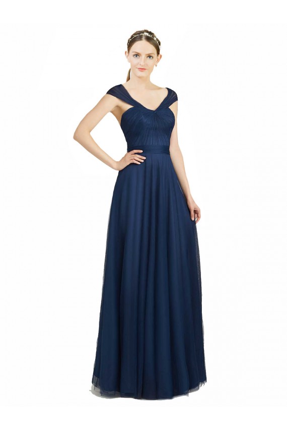 Cheap Ruched Sweetheart Long A-Line Tulle Bridesmaid Dress with Wide Straps and Tie Back Canada