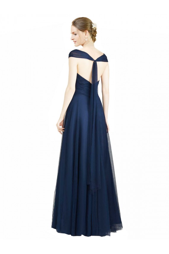 Cheap Ruched Sweetheart Long A-Line Tulle Bridesmaid Dress with Wide Straps and Tie Back Canada