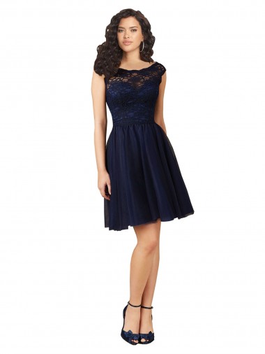 Cheap Short Bateau Neck Tulle Cocktail Bridesmaid Dress with Lace Bodice Canada